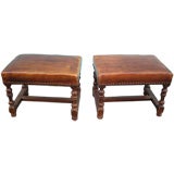 Pair of French Leather Upholstered Wooden Stools