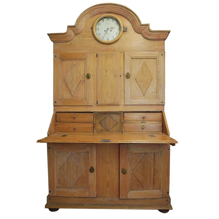 Antique Swedish Pine Secretary Desk with Clock