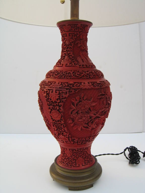 Carved Chinese Cinnabar Lacquerware Lamp with Brass base and Cap.  Great Color. Shade Sold Seperately.