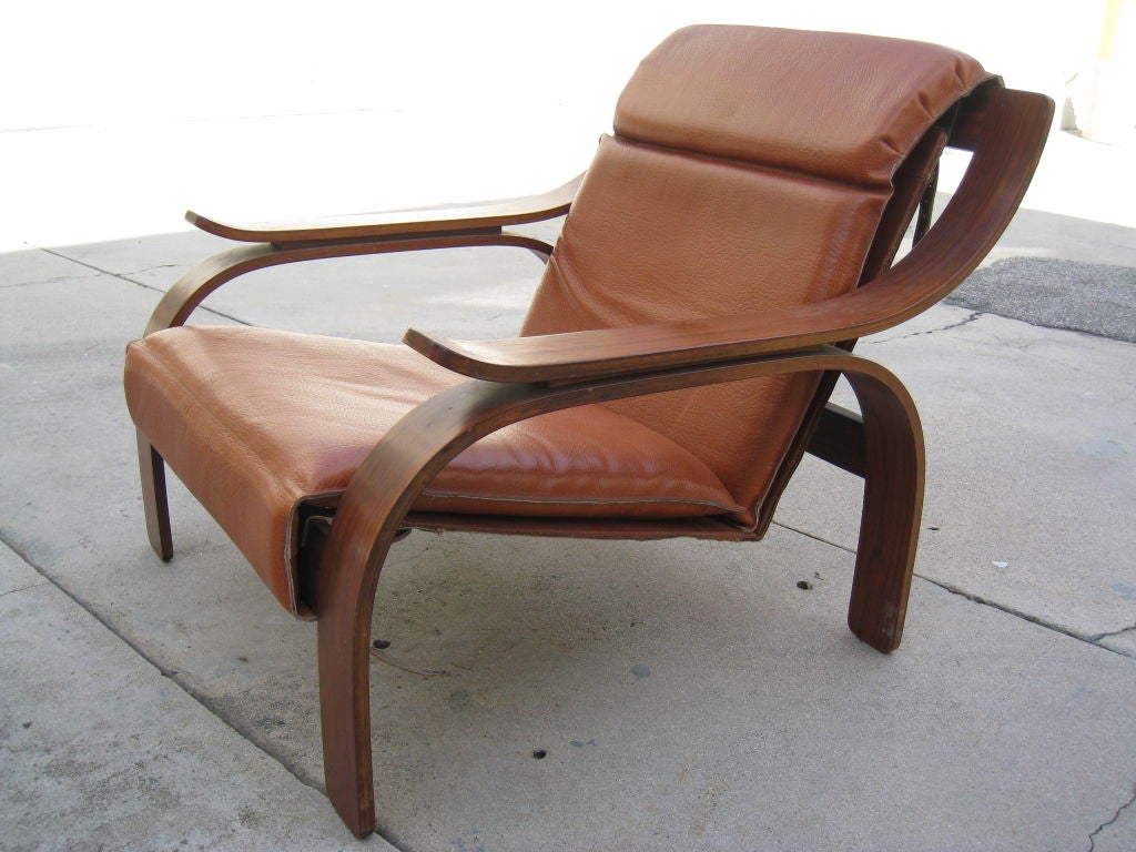 Bent Wood Armchair designed by Marco Zanuso for Arflex.  Original Leather.Rosewood Veneer.  Literature:  