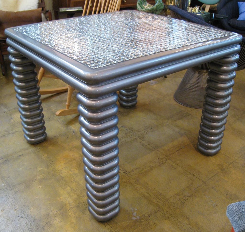 Metallic Grey/Silver Lacquer Table with Mirror Glass Tile Top.
