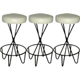 Set of Three Iron and Leather Barstools by Paul Tuttle