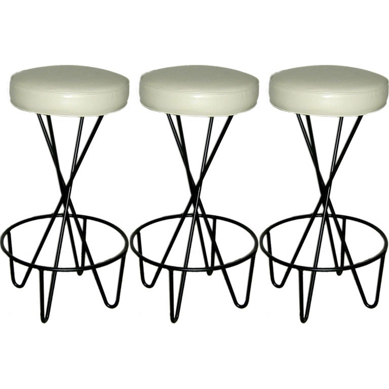 Set of Three Iron and Leather Barstools by Paul Tuttle