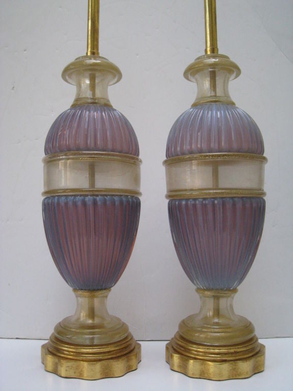 Pair of Seguso lamps with gold inclusion and lavender glass. Restored 22-karat gold leaf. New wiring. Shades additional.