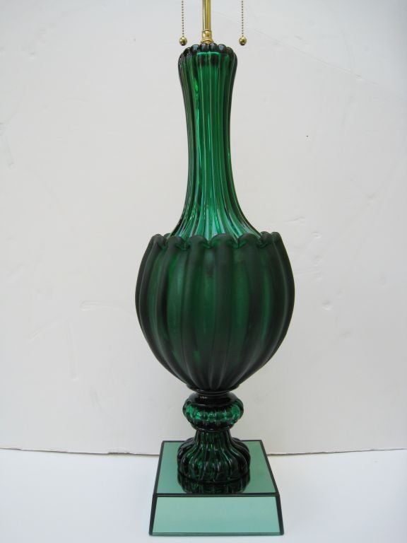 Pair of Seguso Lamps, Murano Italy  Satin Glass and Hermes Green Glass  Green mirror bases. Rewired, Double Cluster.