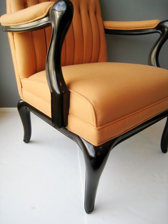 Pair of Maurice Bailey for Monteverdi Young Tufted Arm Chairs<br />
Newly Upholstered in a wool carriage cloth.
