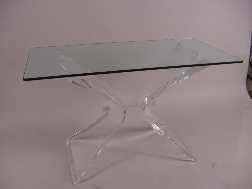 Lucite and glass sofa table / console, with a 1/2 inch new, beveled glass top.  Base of table is a 