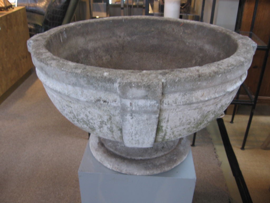 Pair of very large cast concrete planters / jardinieres, with great form and scale.  Some traces of lichen can be seen on surface.<br />
Diameter of top is 25 1/2 