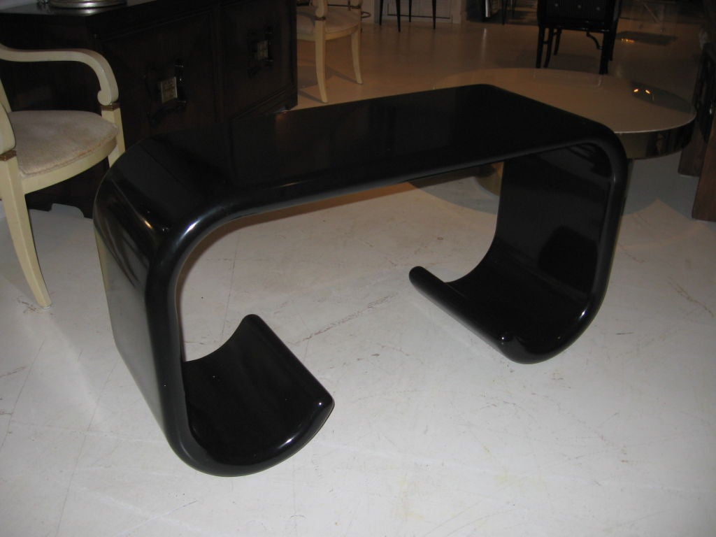 Wood PAIR OF BLACK LACQUERED CONSOLES / SOFA TABLES