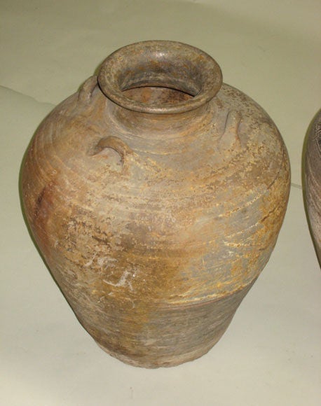 Tribal Pair of Large Antique Pottery Khmer Urns