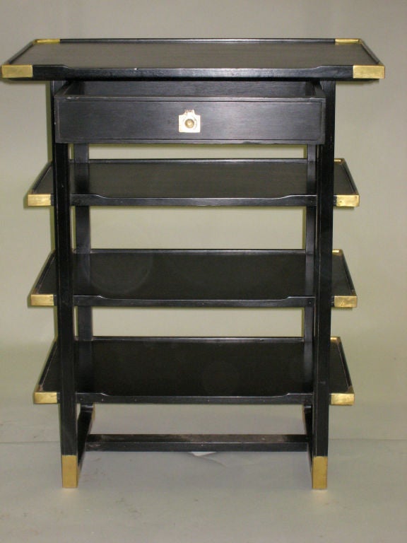 Elegant Pair of Ebonized Side Tables/End Tables Framed with Solid Brass Corner Mounts. Sober and Chic.