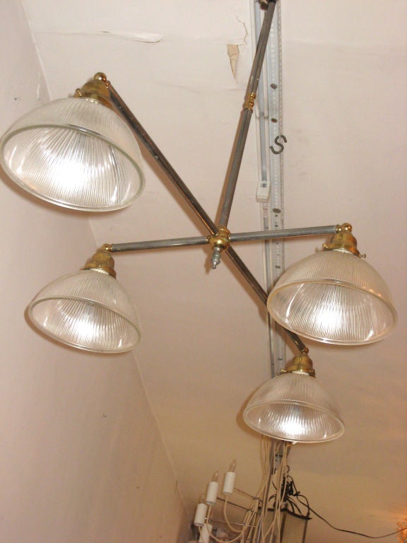French Mid-Century Modern Steel and Brass Four-Light Fixture/Pendant In Good Condition In New York, NY