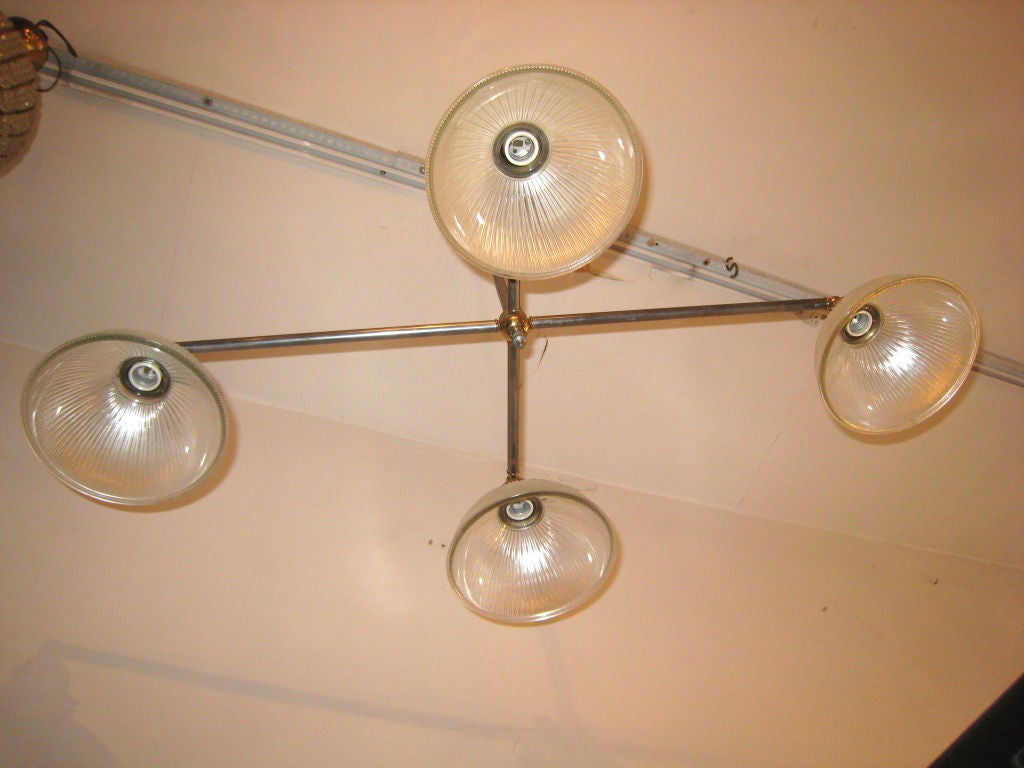 20th Century French Mid-Century Modern Steel and Brass Four-Light Fixture/Pendant