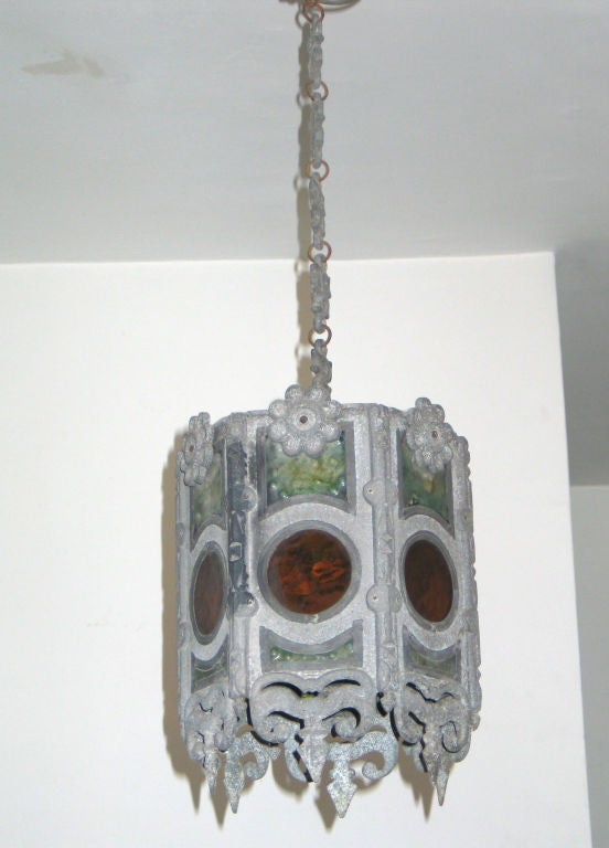 Mid-Century Modern Pair of Italian Modern Gothic Zinc and Stain Glass Pendants/Lanterns For Sale