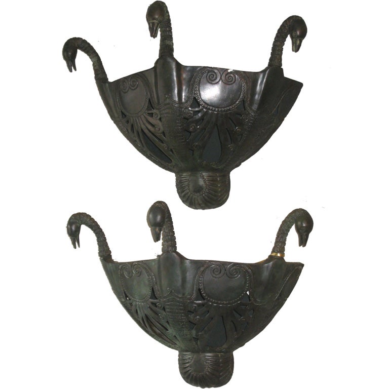 Pair of French Modern Neoclassical Bronze Sconces, Style Armand Albert Rateau For Sale