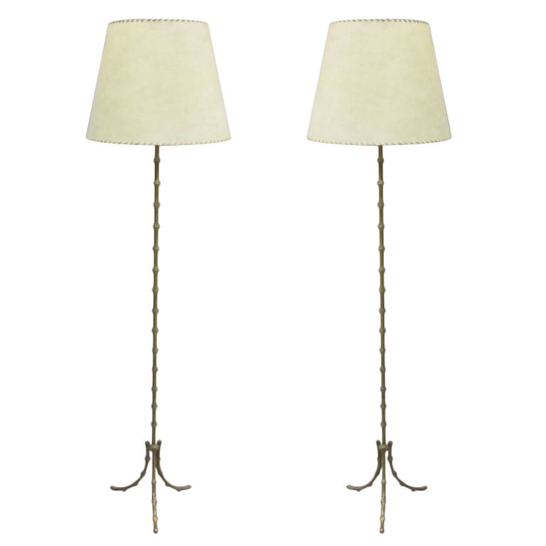 Near-Pair of French Modern Neoclassical Faux Bamboo Floor Lamps by Maison Baguès