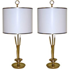 Pair of French Brass Table Lamps Attributed to Maison Charles, Original Shades 11