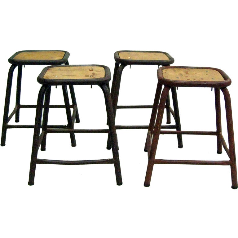 4 French Mid-Century Modern Industrial Iron Stools / Benches For Sale