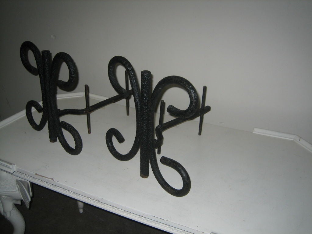 Large Lyrical Hand Forged Iron Andirons
