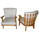 Pair of Oak and Silk Armchairs by Guillerme et Chambon