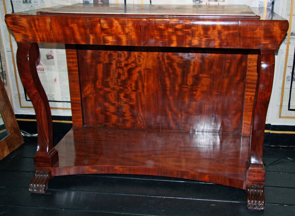 From the Restoration period; walnut veneer oversized console. Grande! And just look at those feet.