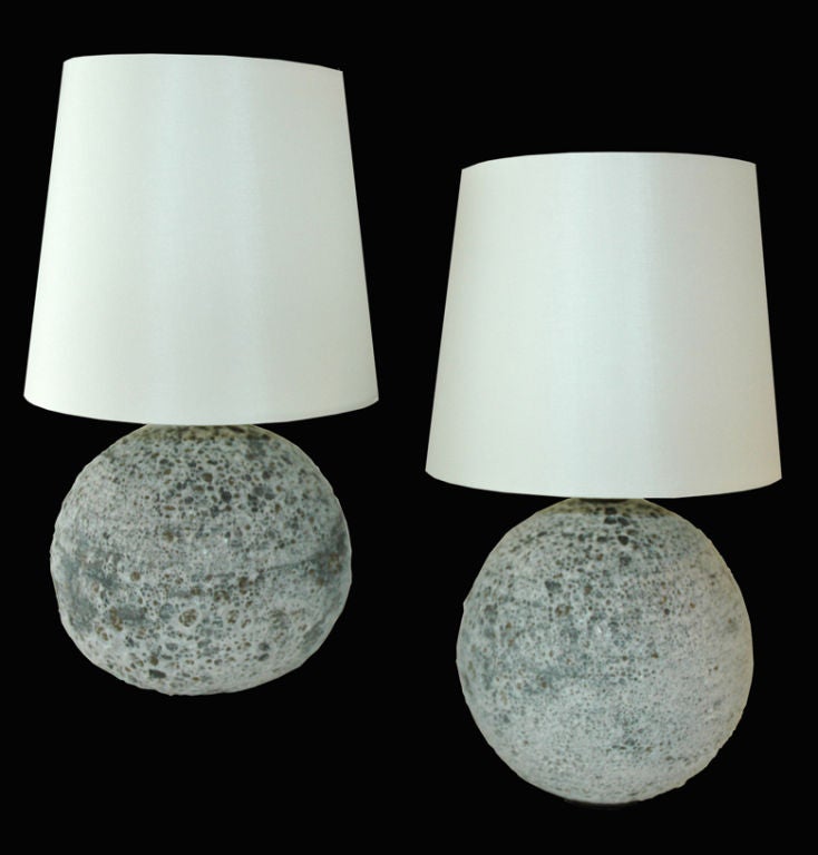 New white crater glaze table lamps with new silk shades. (1) measures 8.5