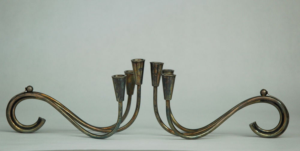 Mid-Century Modern Pair of Sterling Silver Scroll Candleholders