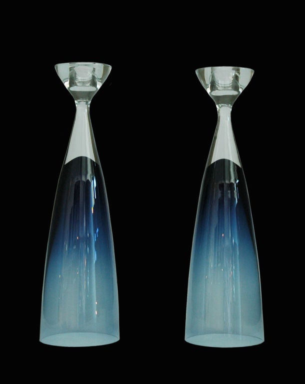 Pair of blue and clear hand blown glass Orrefors candleholders.  Large in scale.