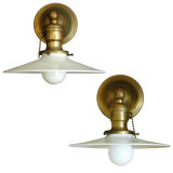 Rare Unique Pair of Industrial Milk Glass Sconces