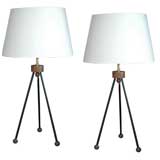 Pair of Iron and Wood Tripod Table Lamps