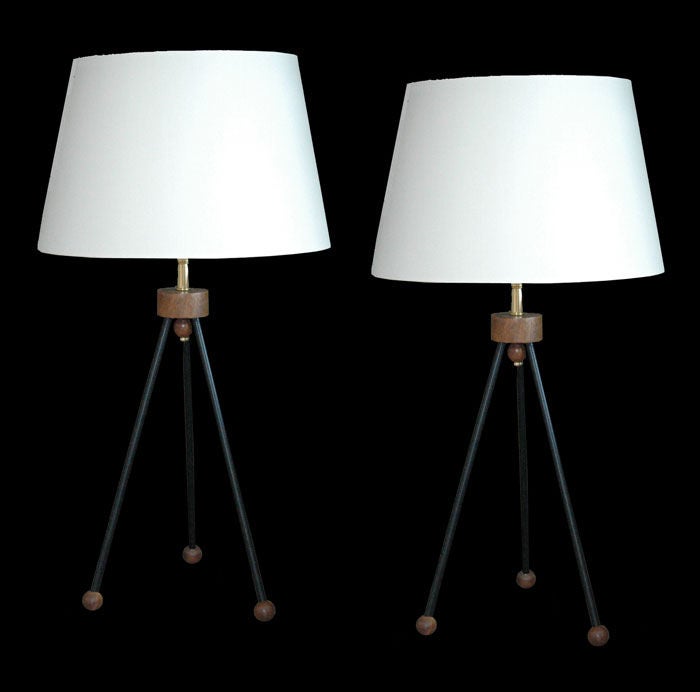 Pair of Iron and Wood Tripod Table Lamps