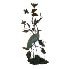 19th Century Patinated Bronze And Copper Standing Crane Lamp