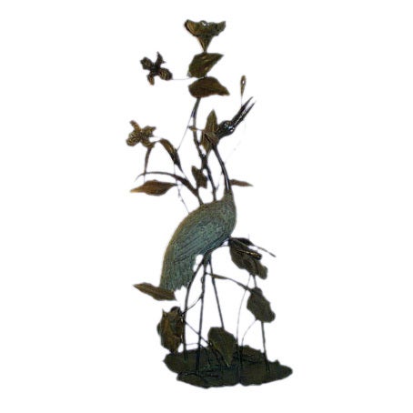 19th Century Patinated Bronze And Copper Standing Crane Lamp For Sale