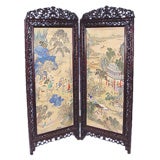 19th century hand-painted two-panel silk screen