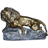 Signed French 19th century bronze lion on marble base
