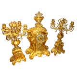 French 19th century bronze dore three-piece garniture clock set