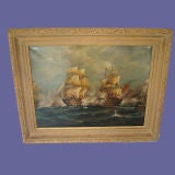 Framed oil of a ships battle scene signed, "J. Clark"