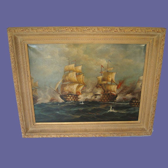 Framed oil of a ships battle scene signed, "J. Clark"