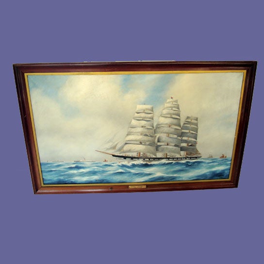 Framed oil of a sailing ship signed, "L. Lacey, 1933" For Sale