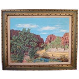 Vintage Signed framed oil of mountains and trees.