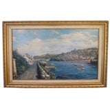 signed, framed scenic oil of water and homes