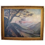 Large framed oil of a mountain scene with stream.