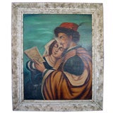 Vintage Framed oil on board of a couple with a music book.
