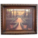 Vintage Oil of a European home and garden painted on Coppertone metal.