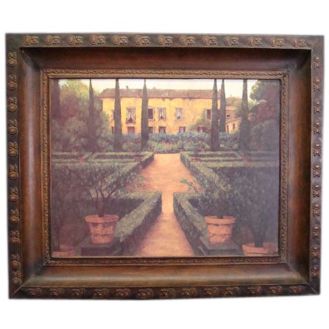 Oil of a European home and garden painted on Coppertone metal. For Sale
