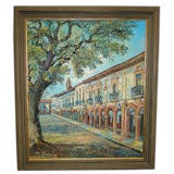 Framed oil of a European courtyard building signed, “Derart?”