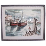 Framed watercolor of a port scene signed, “Art B. L. Arrock?”
