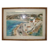 Signed, framed watercolor under glass of a town by the water