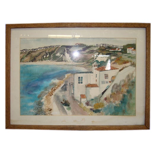 Signed, framed watercolor under glass of a town by the water For Sale