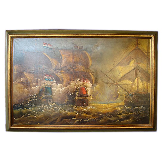 Signed, framed oil of English battling sailing ships For Sale